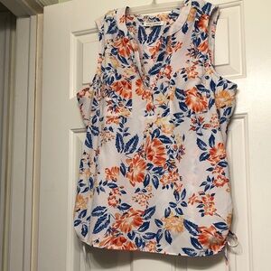 Floral V-Neck Blouse - Orange and Blue